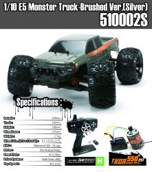 E5 Monstertruck Brushed 1:10 4 WD Silbergraugrn Karo incl. Fernsteuerung ohne Akku ohne Ladegert 40-50 km/h schnell